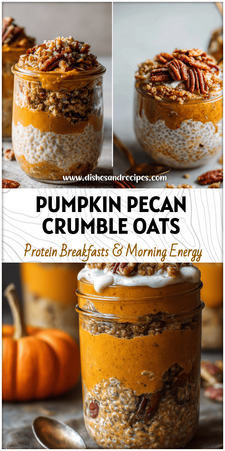 Layered Pumpkin Overnight Oats with pecan crumble and creamy pumpkin puree in a rustic jar.